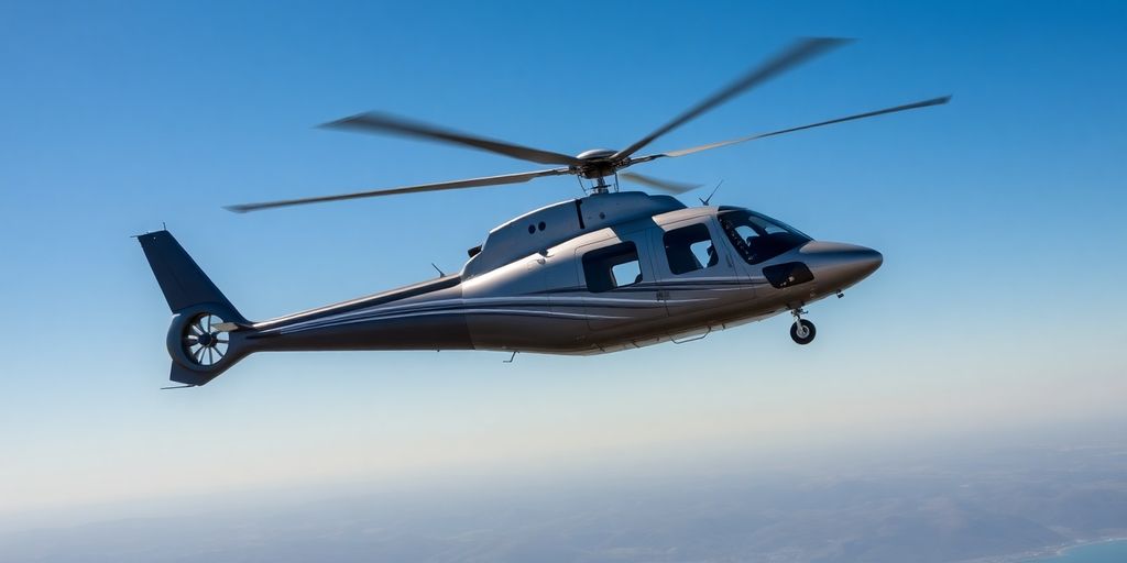 A classic Bell 206 Jet Ranger helicopter flying high.