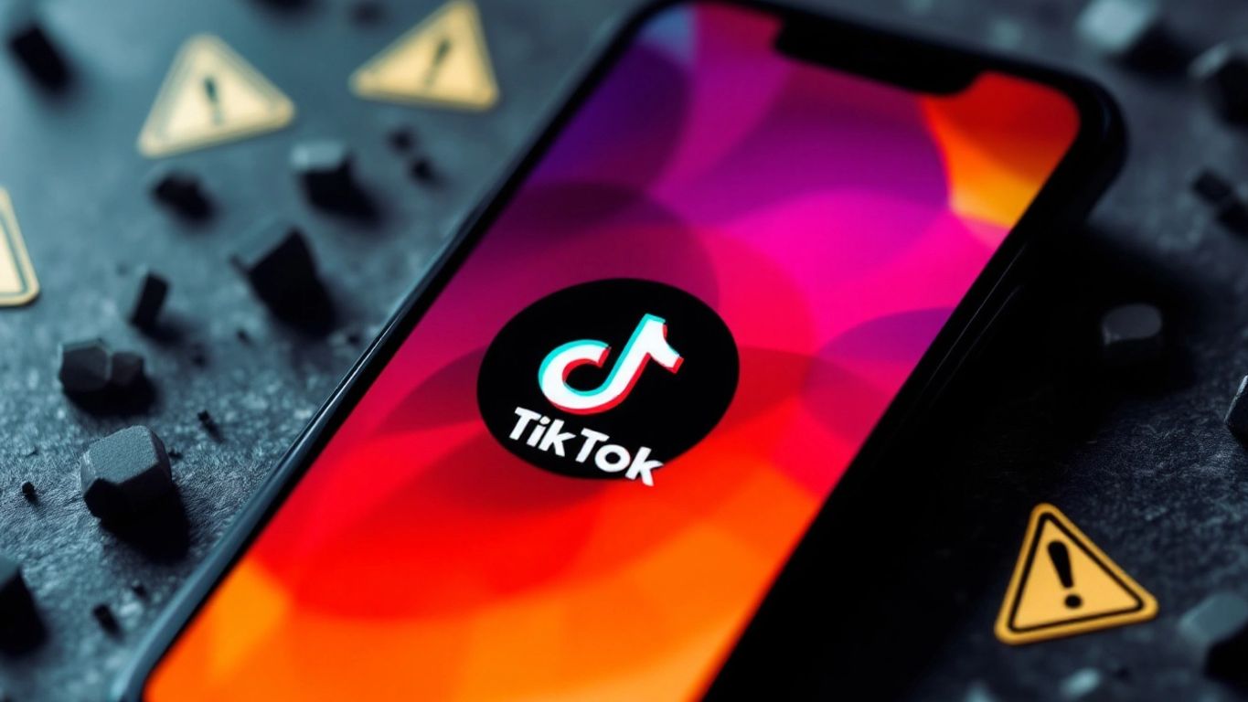 Smartphone with TikTok logo and caution symbols around it.