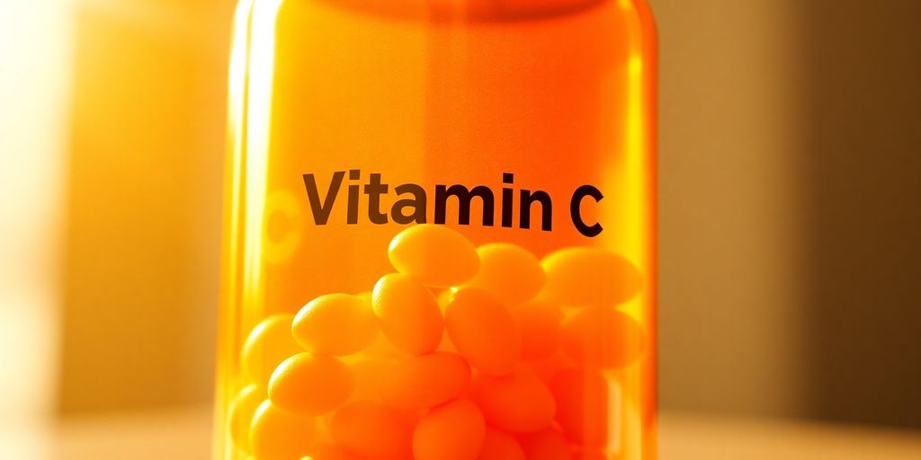Bright orange bottle of Vitamin C tablets.