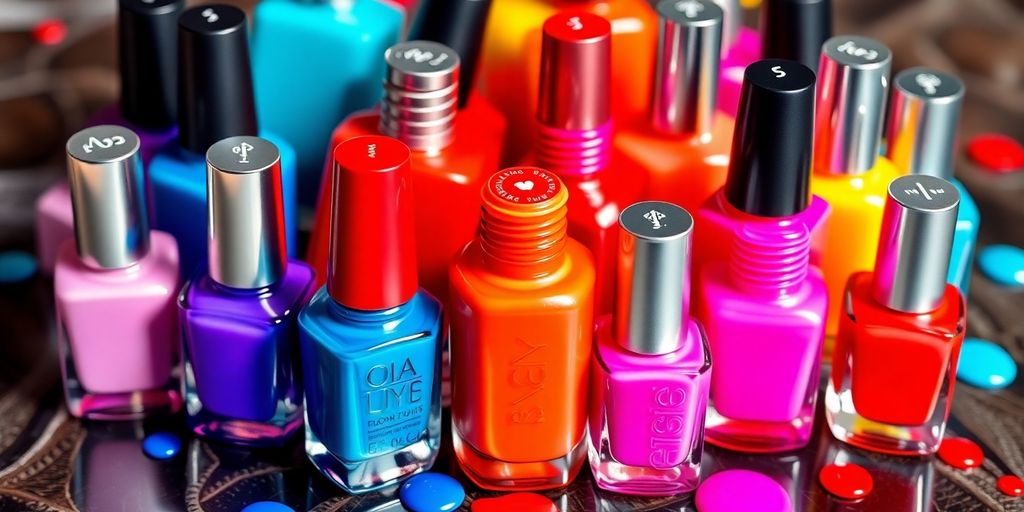 Várias cores de esmaltes em frascos estilizados.