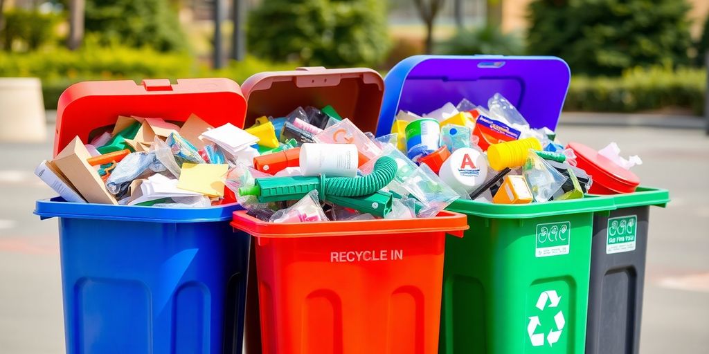 Green bins overflowing with sorted recyclables.