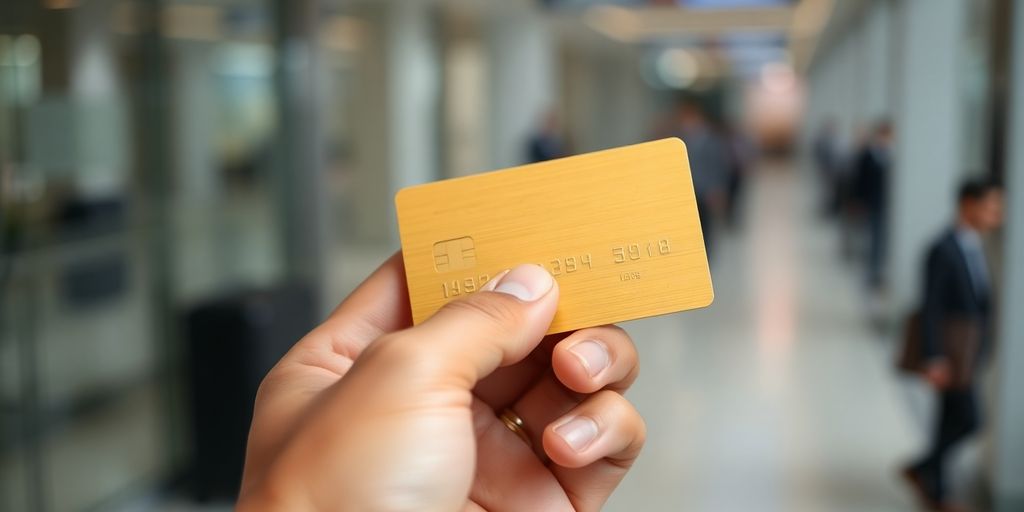 Golden credit card with business person.