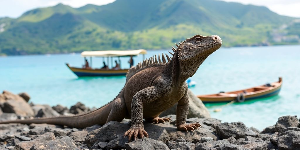 Komodo dragon on Rinca Island with boat.