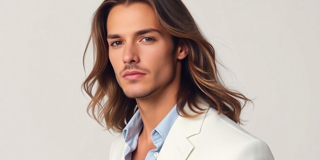 Stylish man with long beachy waves in soft lighting.