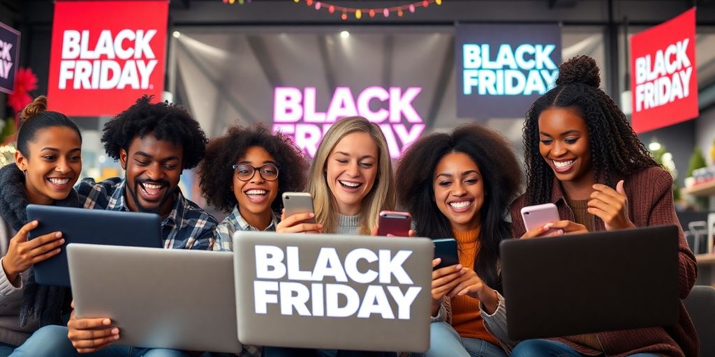 Grupo diversificado de compradores aproveitando ofertas na Black Friday.