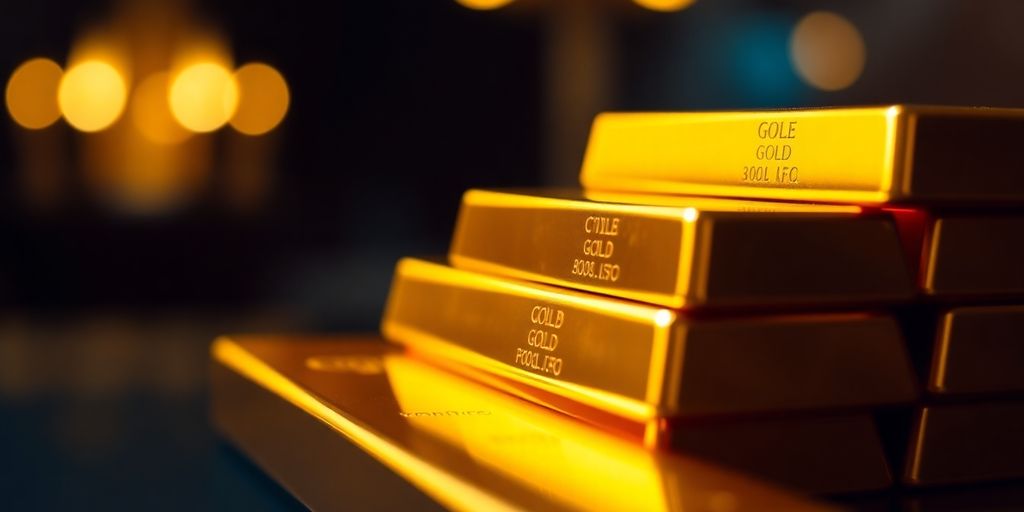 Barres d’or empilées sur un fond flou.