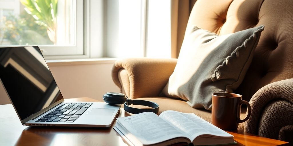 Laptop, headphones, and a textbook resting on a comfy couch.