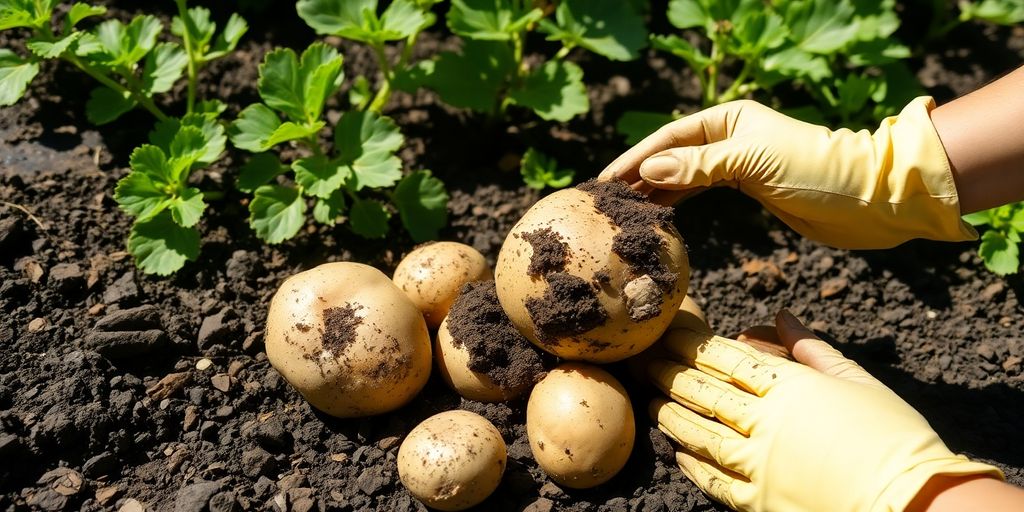 Vers geoogste biologische aardappelen op tuinaarde met groene bladeren.
