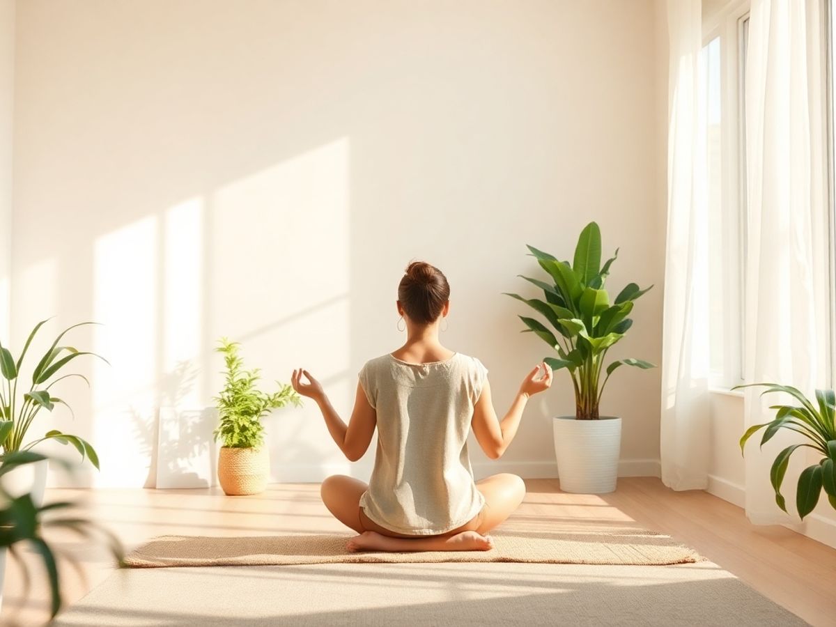 Person meditating in a bright, peaceful room with plants.