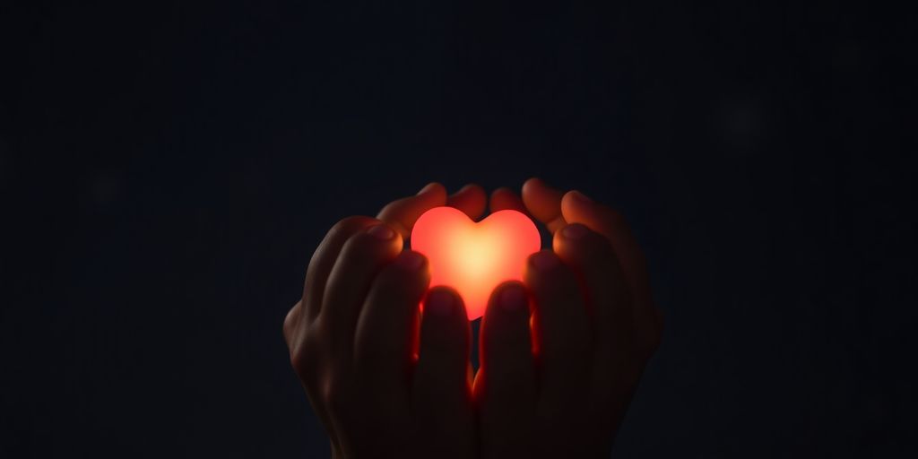 Hands holding glowing heart, starry, peaceful, dark background.