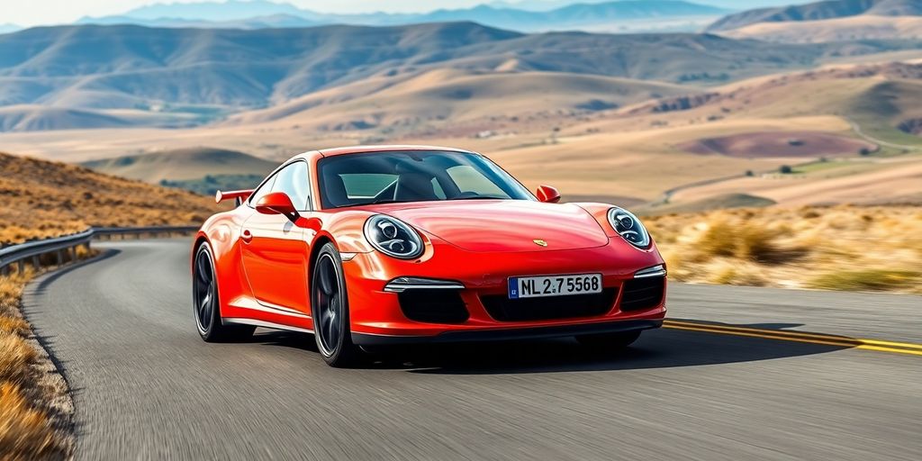 Porsche driving on a scenic, winding road.