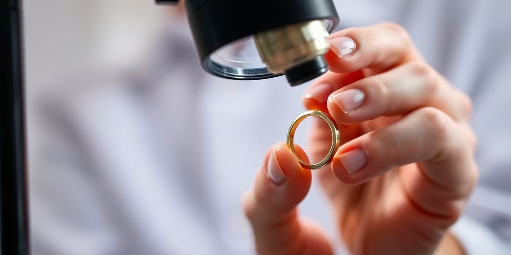 Un bijoutier inspectant une bague en or avec une loupe.
