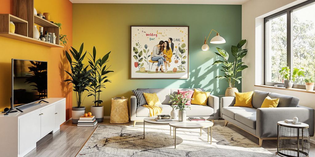 Renovated living room with modern decor and vibrant colors.