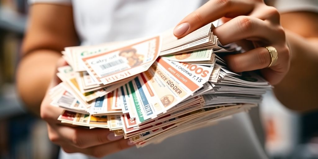 Hand organizing diverse stack of colorful coupons.