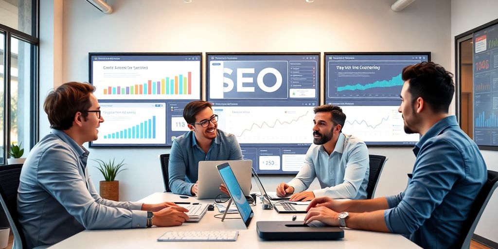 Profissionais de marketing digital trabalhando em escritório moderno.