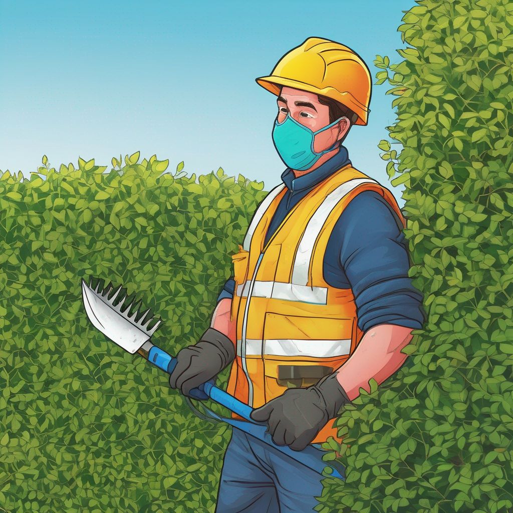 person trimming hedge with safety gear in a garden, looking alert and vigilant