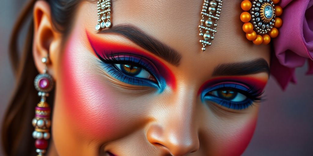 Woman with bold C-beauty makeup and glowing skin.