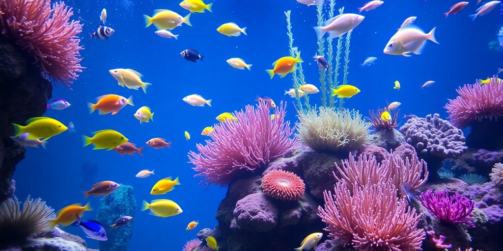 Colorful fish swimming in a vibrant reef aquarium.