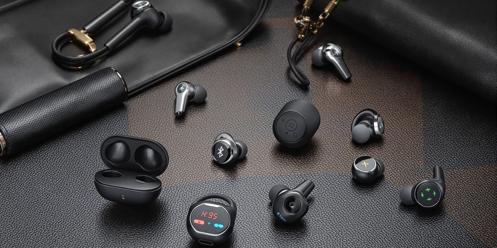 Verschiedene In-Ear-Bluetooth-Kopfhörer auf stilvollem Hintergrund.