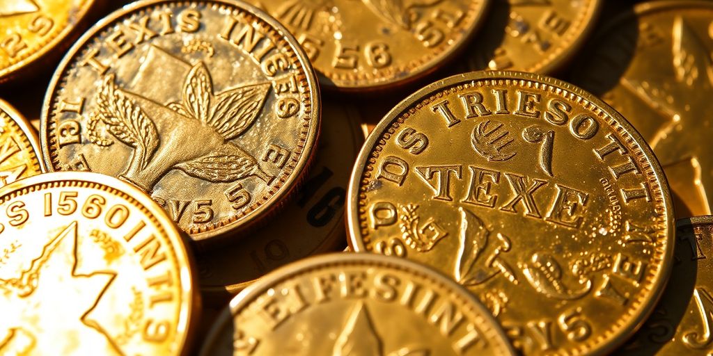 Close-up of vintage Texas gold coins.