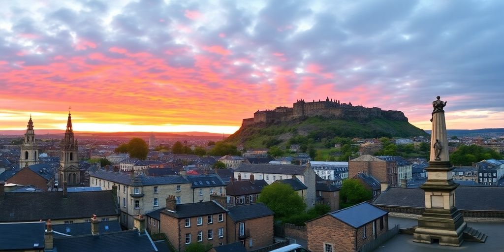 Edinburgh skyline with castle and historic buildings at sunset.