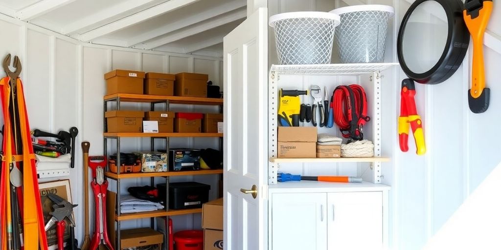 Organized small storage shed with smart shelving solutions.