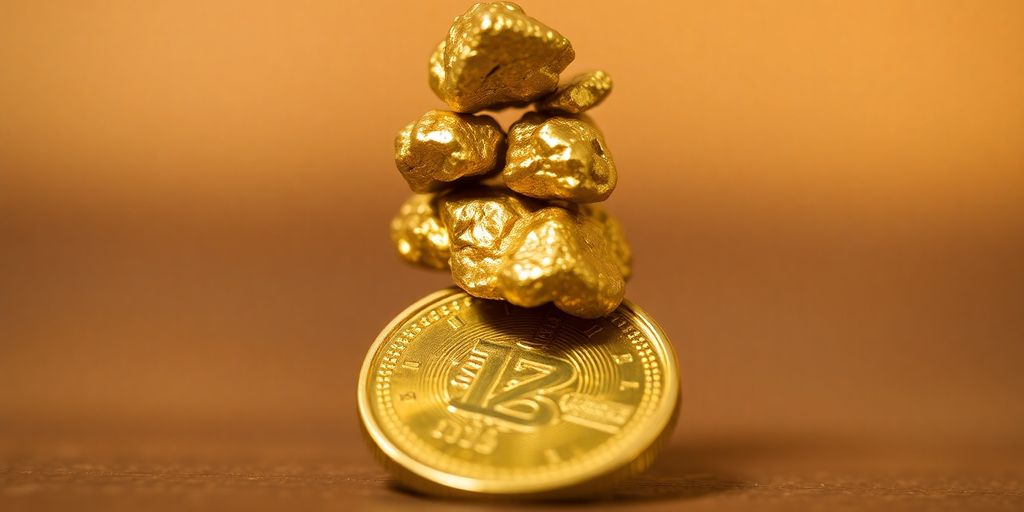 Petites pépites d'or empilées sur une pièce de monnaie en or.