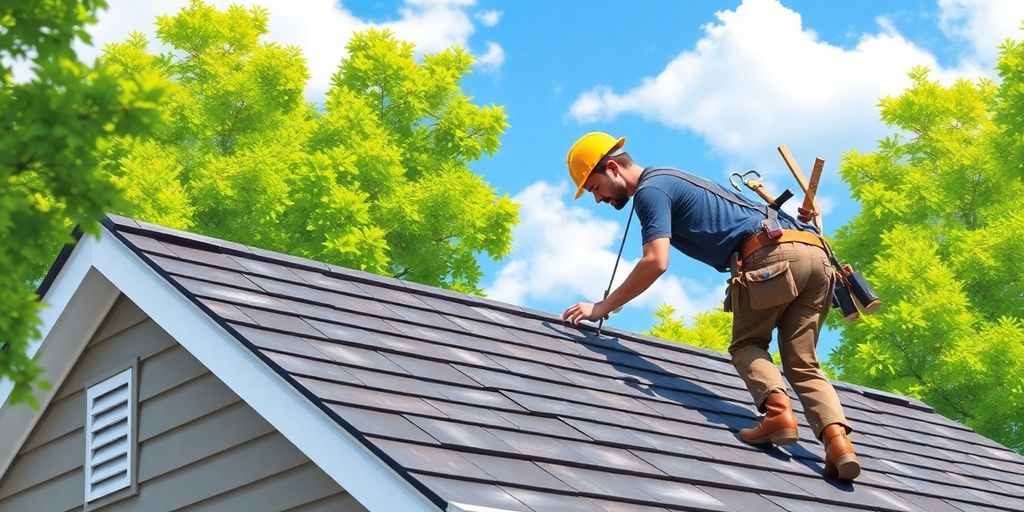 Roofer on a roof, blue sky.