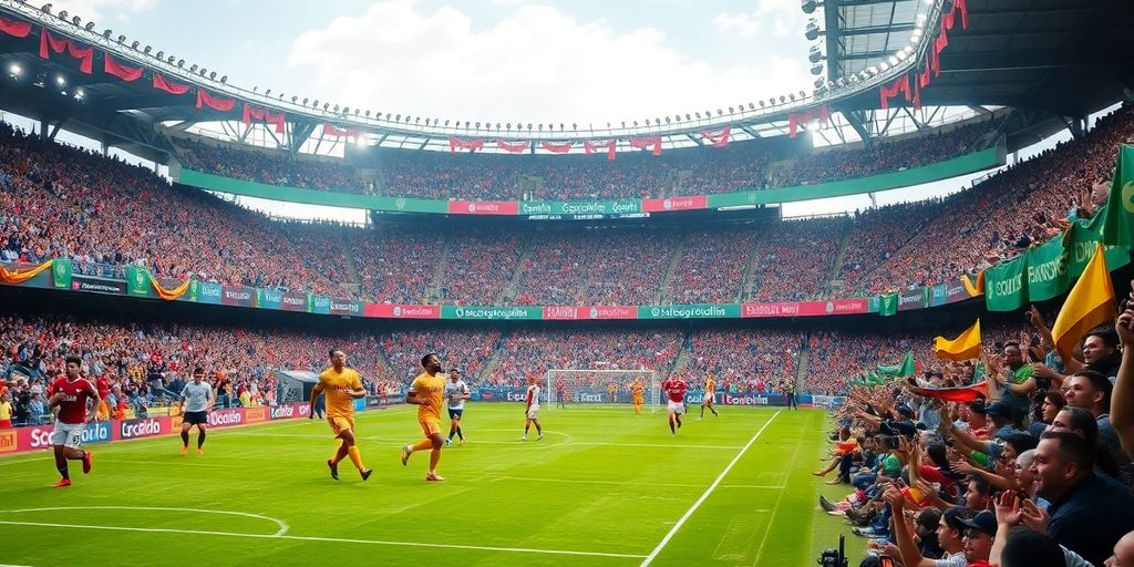 Exciting soccer match with players and cheering fans.