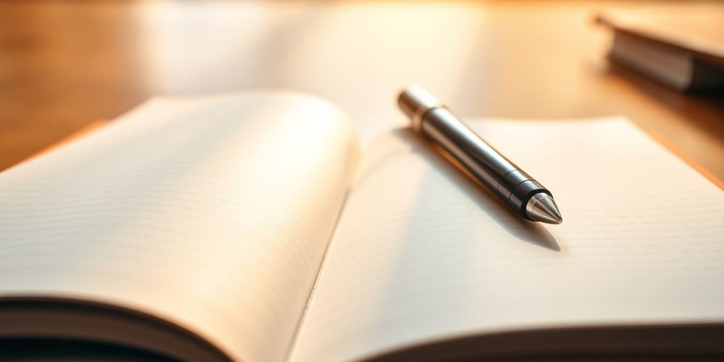 A close-up of an open notebook with a pen resting on it.
