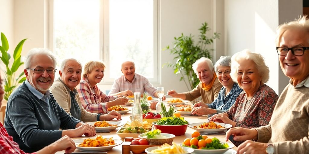 Seniors smiling during a communal meal.