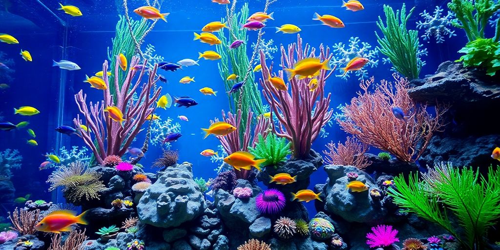 Makukulay na marine aquarium na may isda at coral reefs.
