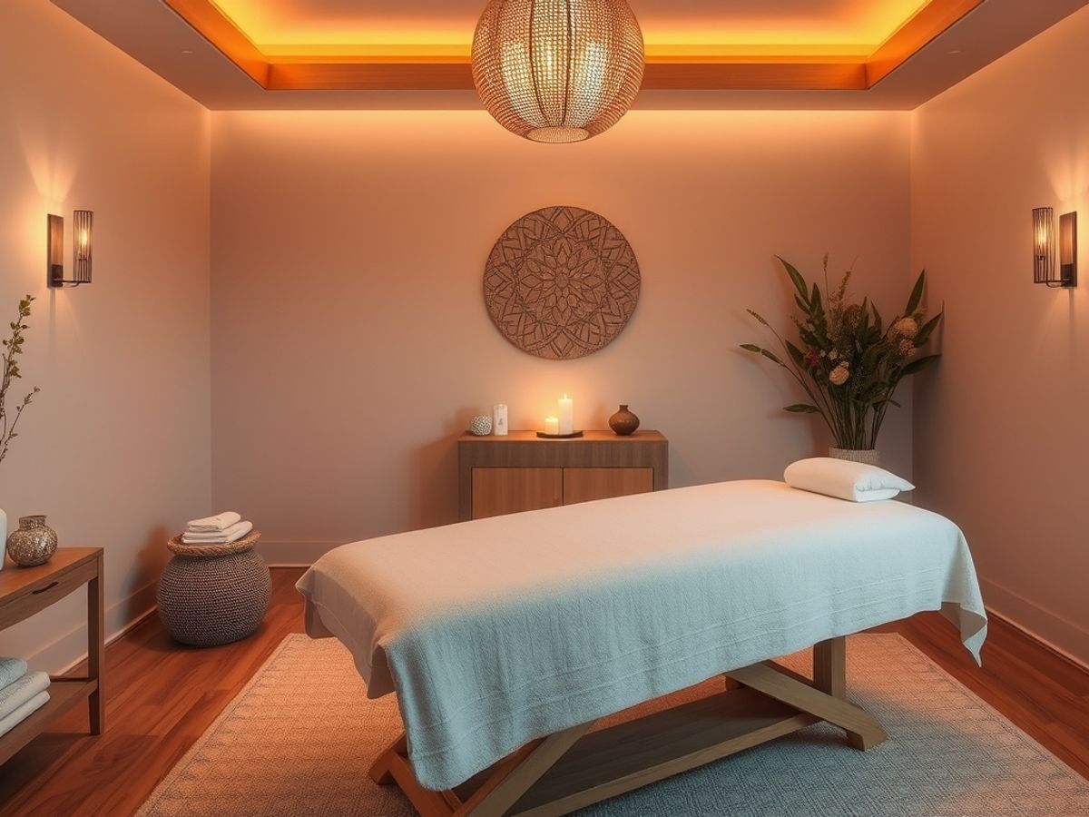 Serene spa room with massage table and calming decor.