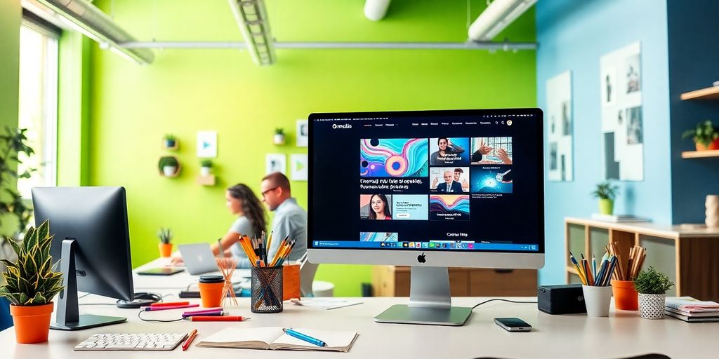 Modern web design workspace with creative designers collaborating.