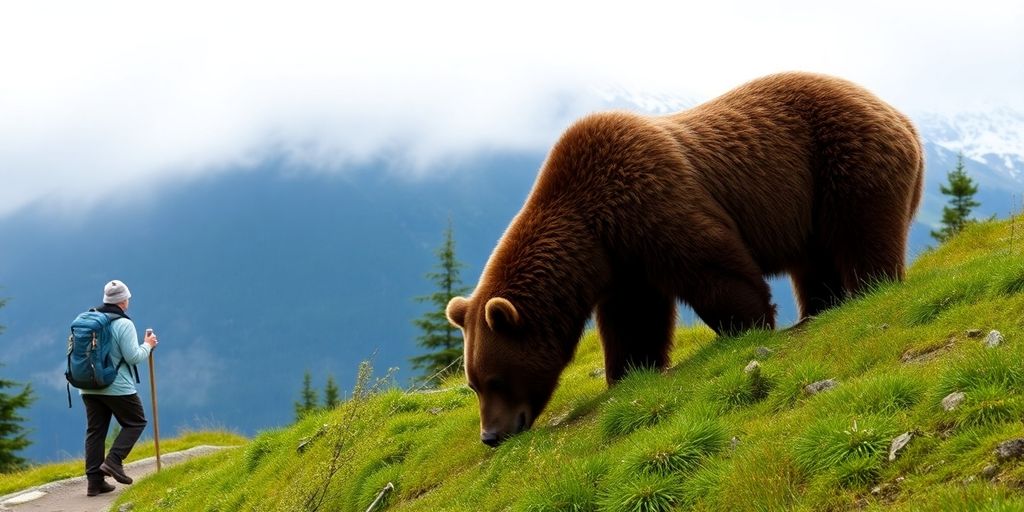 A brown bear and a hiker on an Alaskan trail.