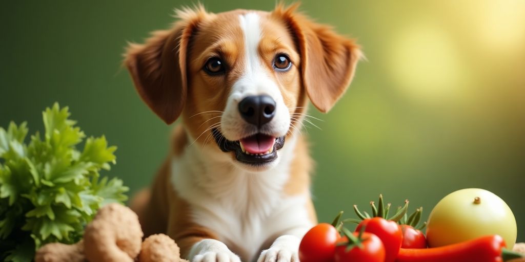 Dog enjoying ashwagandha root and fresh vegetables.