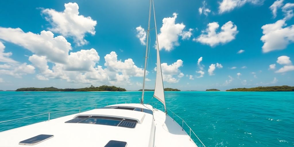 Luxury catamaran sailing on turquoise Belizean waters.