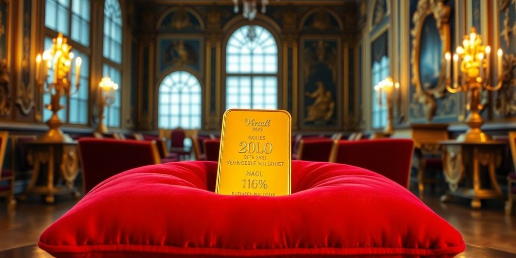 Lingot d'or sur un coussin en velours à Versailles.