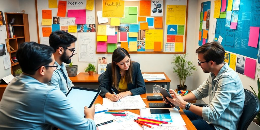 Creative professionals collaborating in a colorful design workspace.