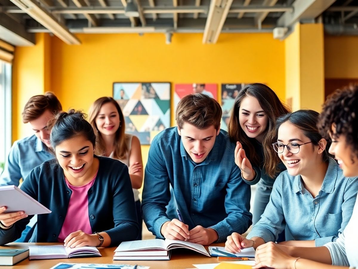Group of young adults collaborating in a modern workspace.