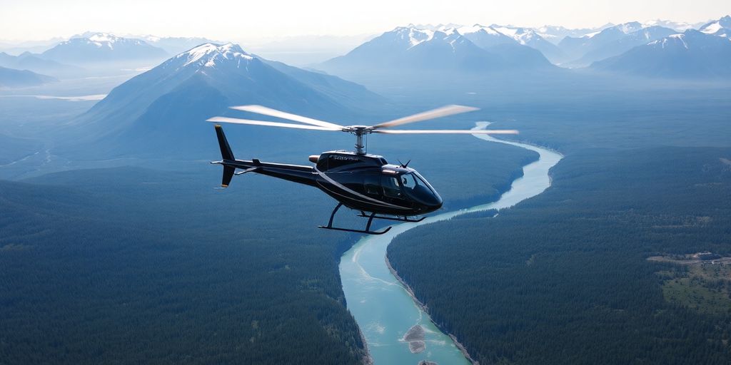 A modern helicopter flying over vast Alaskan mountains and forests.