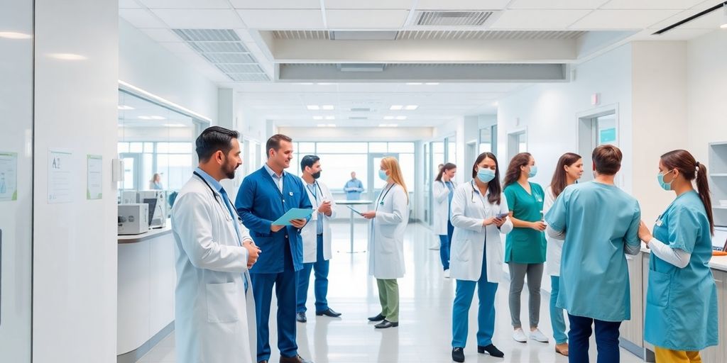 Healthcare professionals collaborating in a modern clinic.