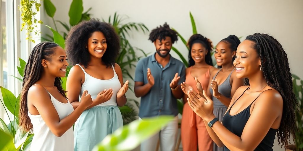 Group of mentors and clients in a wellness setting.