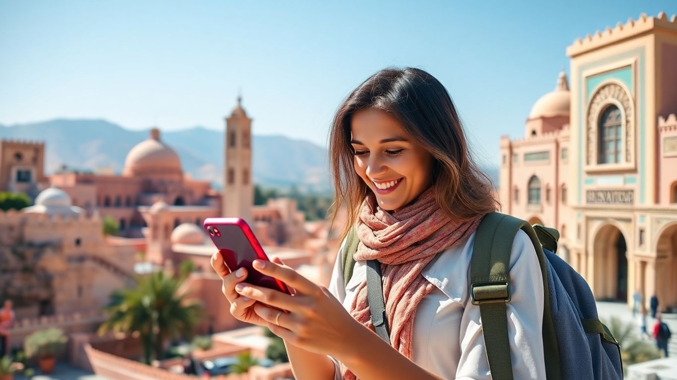 Voyageur utilisant un smartphone en Maroc.