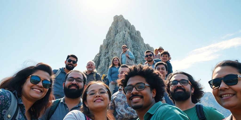 Team ascending mountain peak.