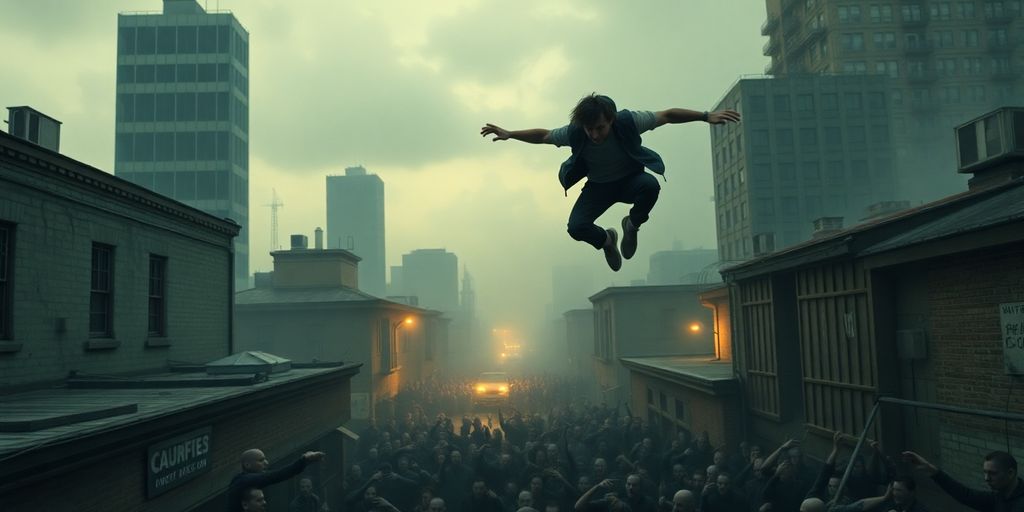Parkour athlete leaping between city rooftops during a zombie outbreak.
