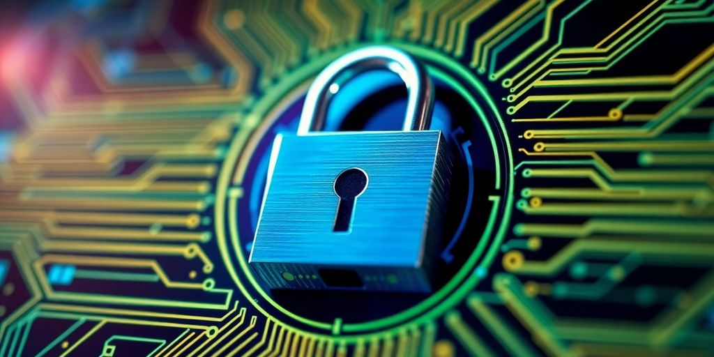 Digital secure lock with circuit patterns in background.