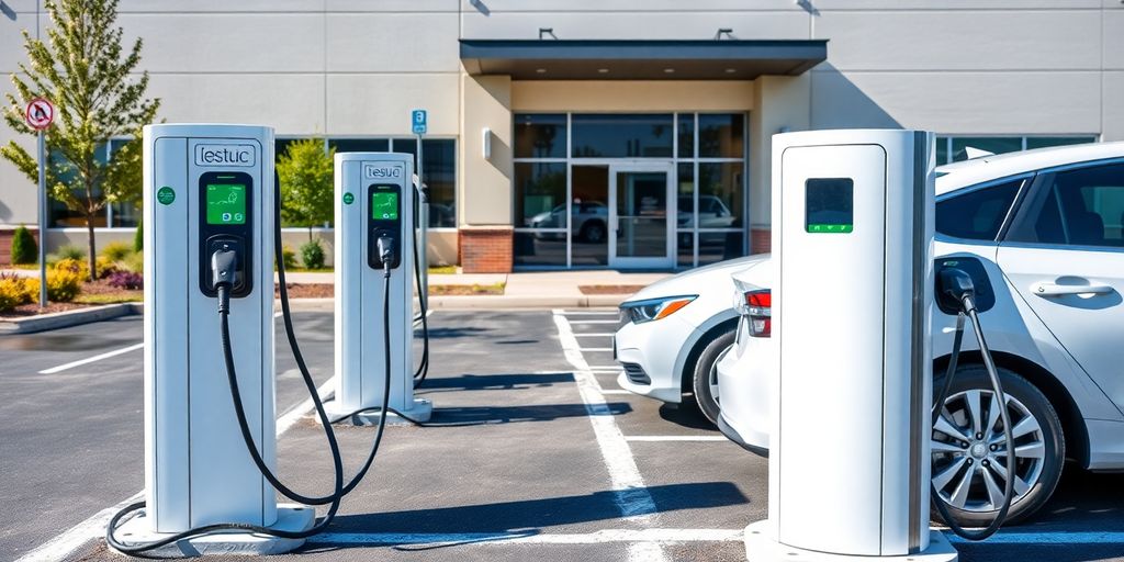 Several EV charging stations in a business parking lot.