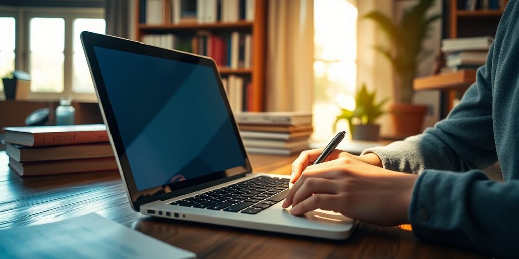 Person writing on a laptop in a cozy workspace.