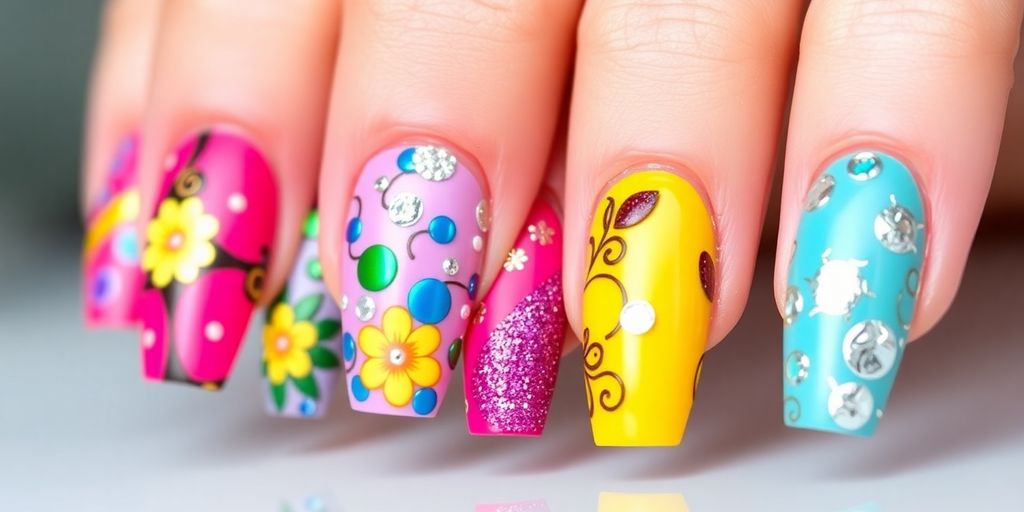 Colorful press-on nails with unique designs and patterns.